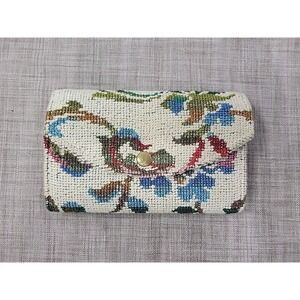 1970s Ivory Floral Tapestry Wallet Snap Closure Coin Pocket Card Slots Checkbook